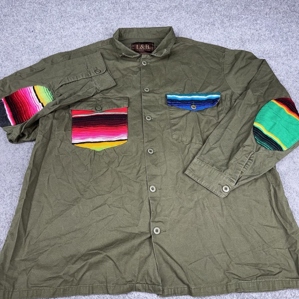 L&B Lucky & Blessed 3XL Olive Shirt Jacket Serape Aztec Western Shacket Boho EUC
